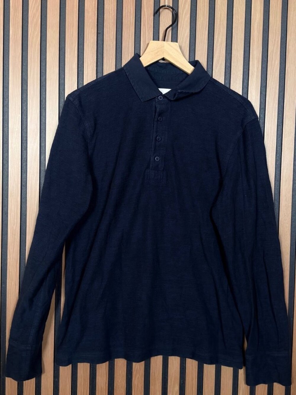 Billy Reid Polo Shirt Medium Blue Navy 100% Cotton Woven Long Sleeve